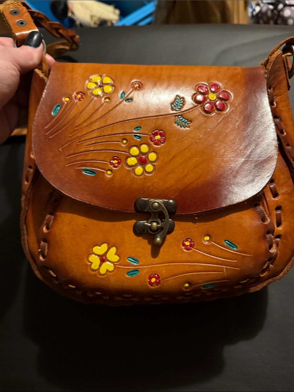 Handcrafted Floral Leather Crossbody Bag - Brown